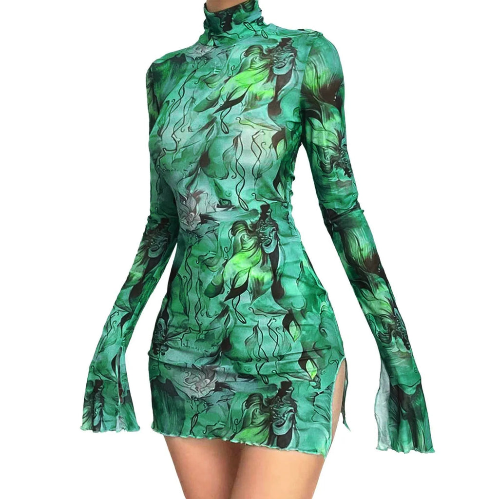 Abstract Mesh Bodycon Mini Dress with Bell Sleeves and Sheer Streetwear Styling