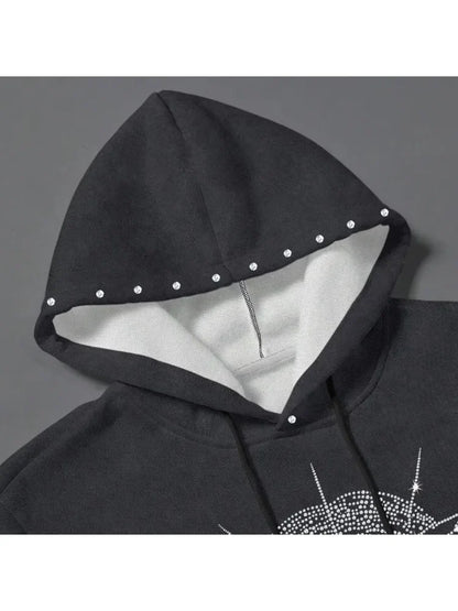 Vintage Washed Gothic Zip Hoodie With Anime Streetwear Artwork