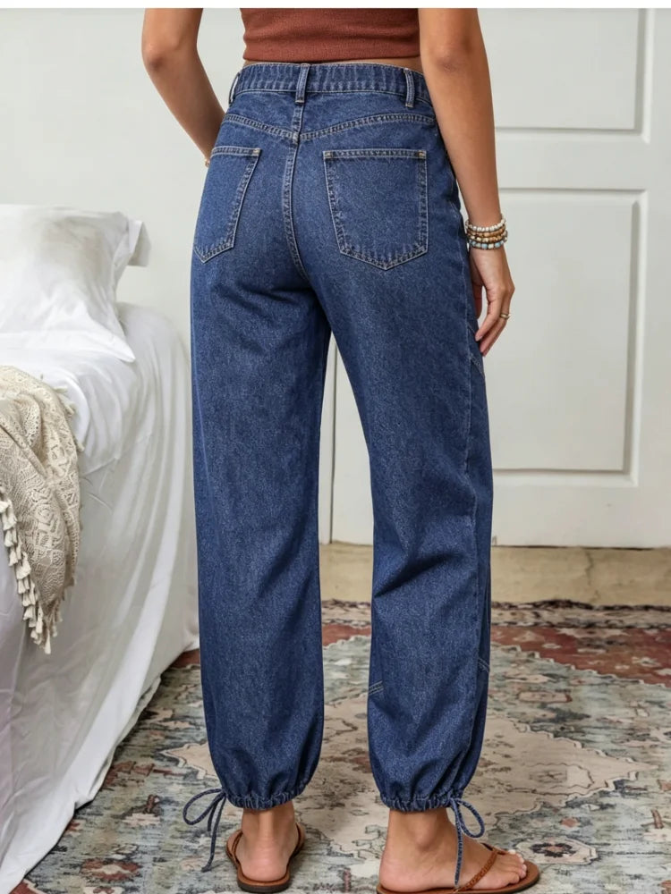 High Waist Parachute Denim Jeans with Wide Leg Cargo Style Drawstring Hem