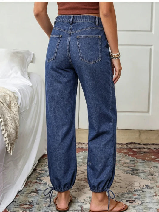 High Waist Parachute Denim Jeans with Wide Leg Cargo Style Drawstring Hem