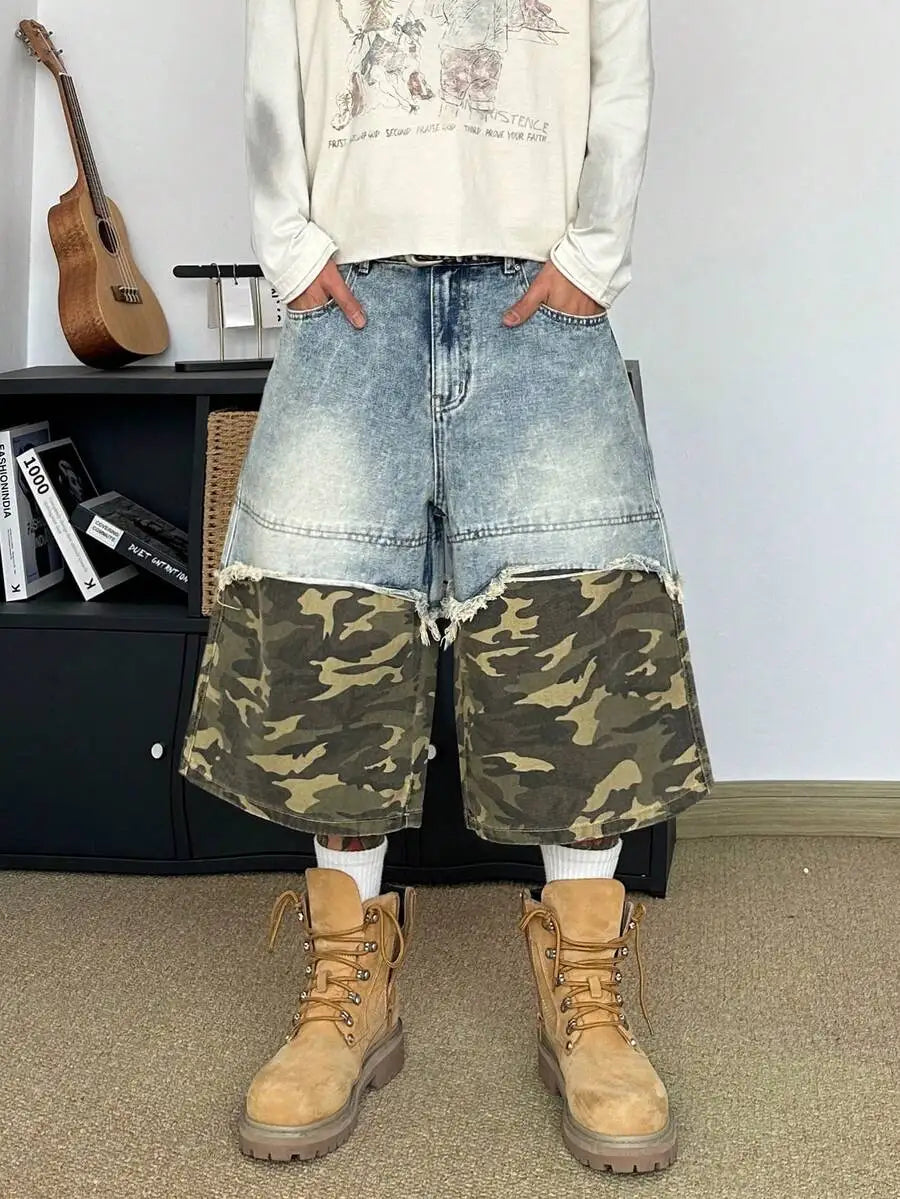 Men's Wide Leg Stonewashed Denim Shorts with Relaxed Knee Length Casual Streetwear Fit
