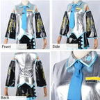 Metallic Silver and Black Futuristic Idol Uniform with Pleated Skirt and Blue Tie