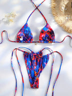 Vibrant Abstract Print Triangle String Bikini with Ruched Side-Tie Bottom