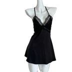 Elegant Black Satin-Finish Chemise with Sheer Lace Bodice