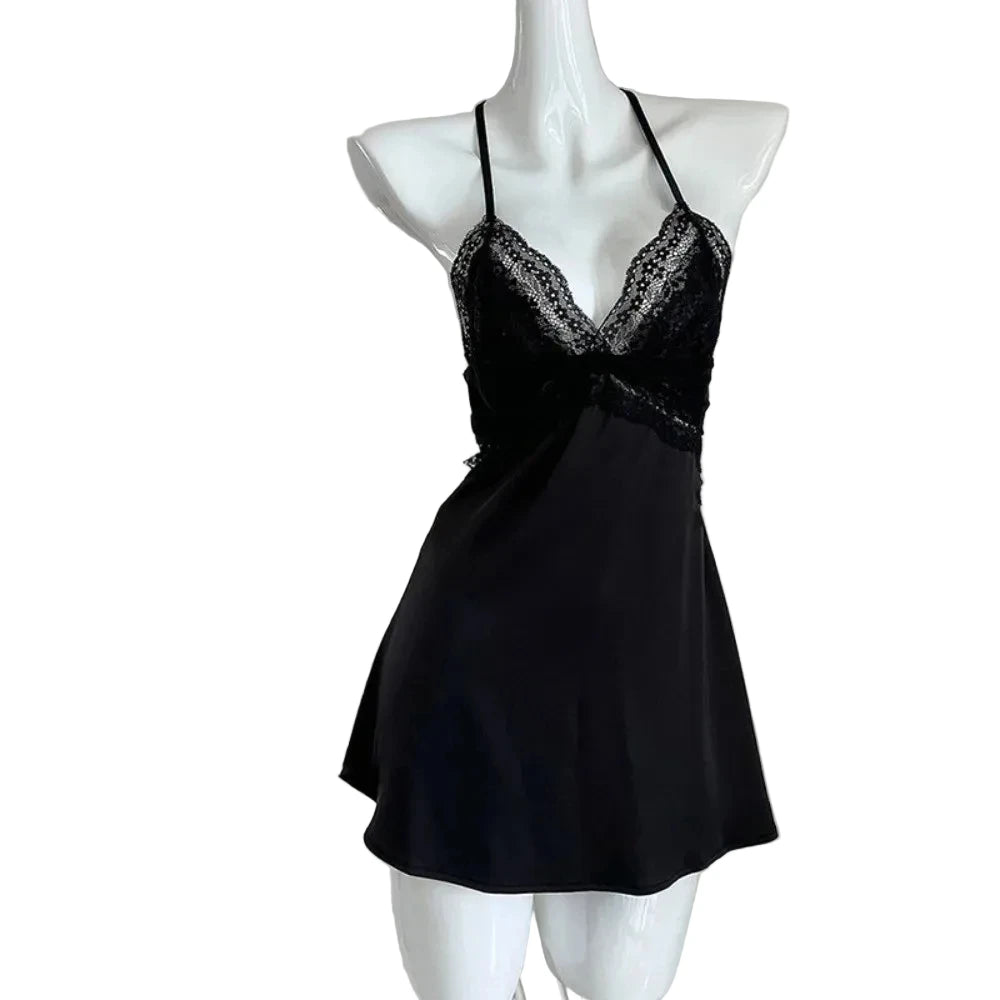 Elegant Black Satin-Finish Chemise with Sheer Lace Bodice