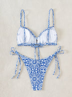 Blue and White Porcelain Print Triangle String Bikini