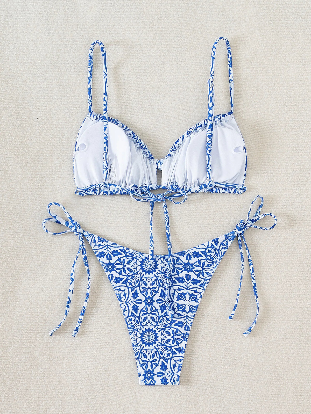 Blue and White Porcelain Print Triangle String Bikini