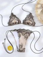 Romantic Blush Pink Lace-Textured Triangle String Bikini with Ruffled Trim