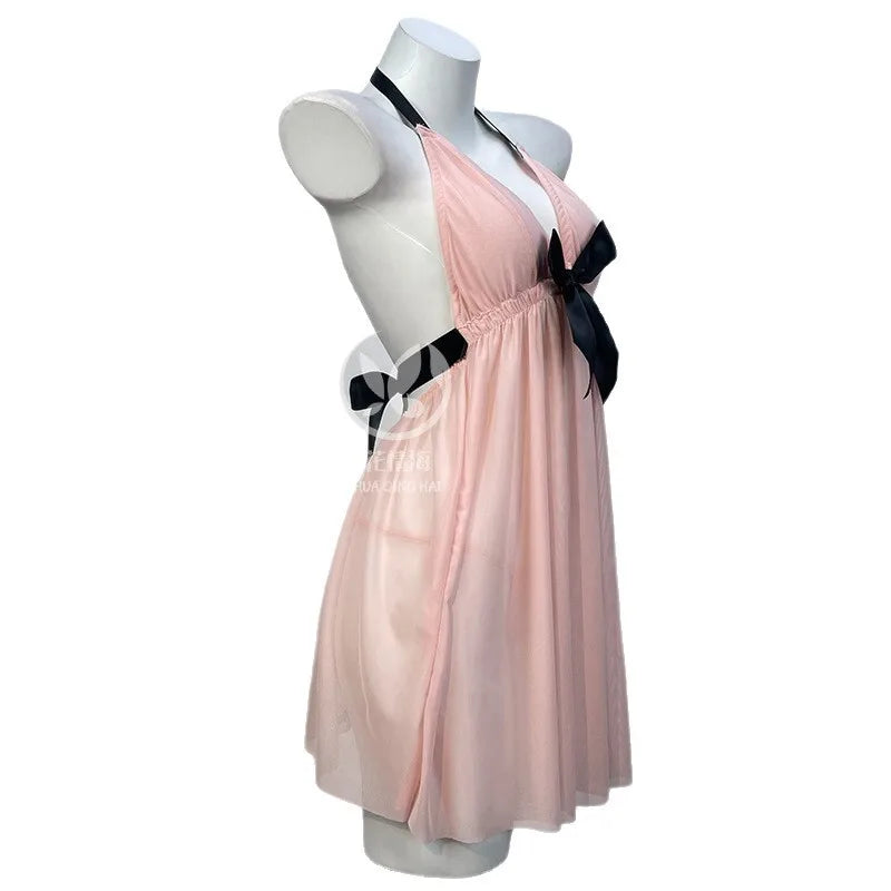 Peach Pleated Mesh Halter Babydoll with Contrast Black Bow Detailing