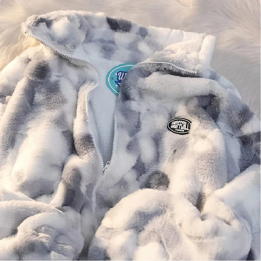 Women's Tie Dye Plush Fleece Zip Jacket with Relaxed Cozy Streetwear Silhouette