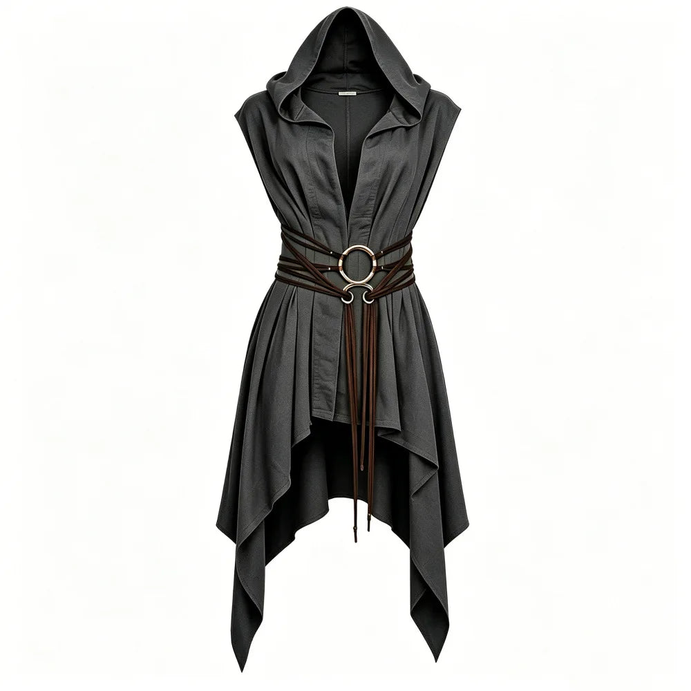 Earth-Toned Asymmetrical Hooded Sleeveless Tunic for Historical Fantasy Roleplay