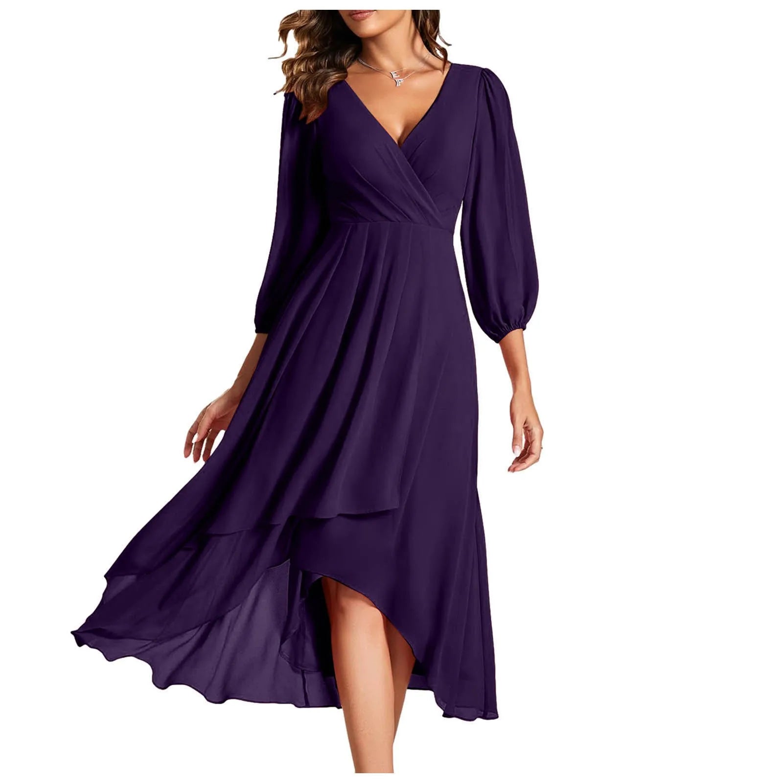 Long Sleeve Wrap Midi Dress with Ruffle Hem and Flowing Chiffon Layers