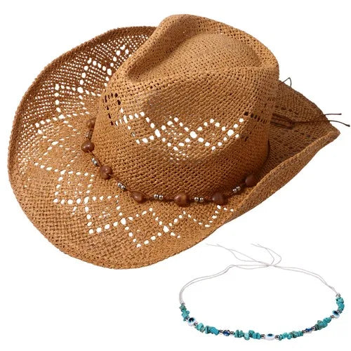 Women's Wide Brim Straw Cowgirl Hat with Decorative Beaded Band for Summer Outdoor Wear