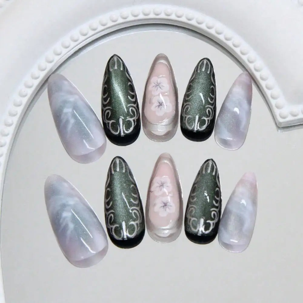 Celestial Marble Fantasy Press On Nails with Crystal Accent Art Design