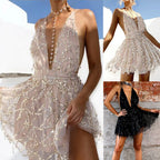 Embellished Halter Mini Dress with Fringe Hem and Partywear Silhouette