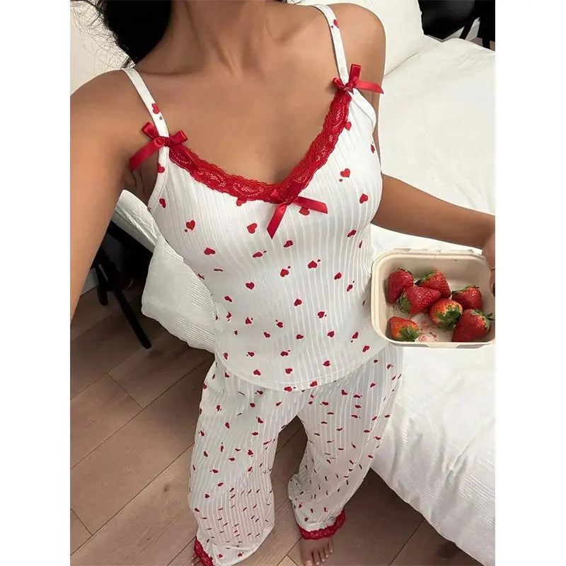 Playful Heart Print V-Neck Loungewear Jumpsuit with Pink Lace Trim and Ribbon Bows