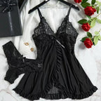 Sheer Black Mesh Split-Front Babydoll Set with Floral Lace Bodice