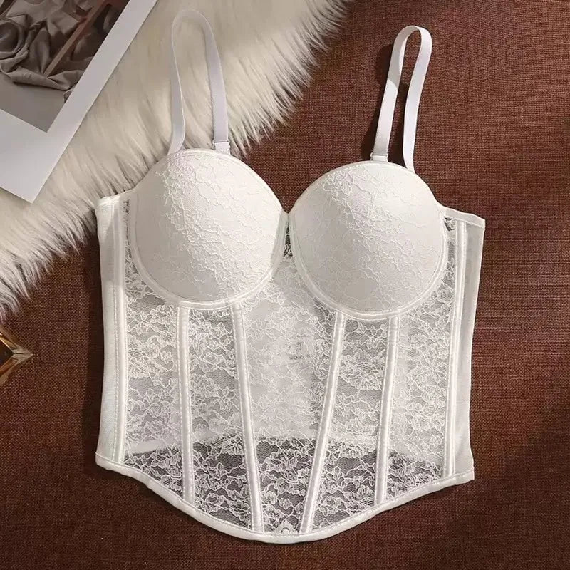 Floral Lace Bustier Top with Embroidered Detailing and Structured Cups