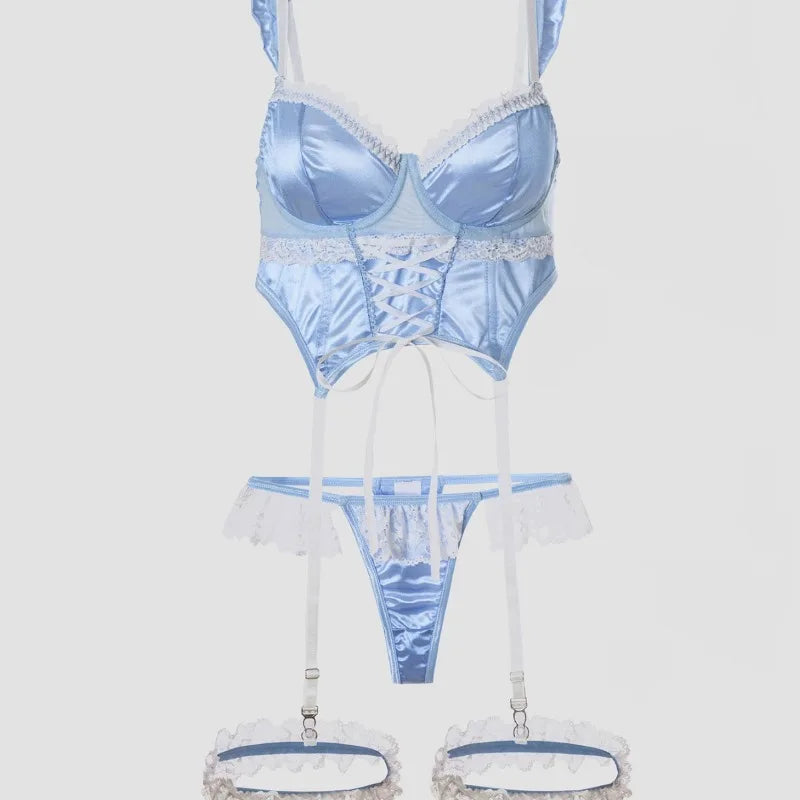 Light Blue Satin Longline Lingerie Set with Lace-Up Detailing and Ruffled Garters