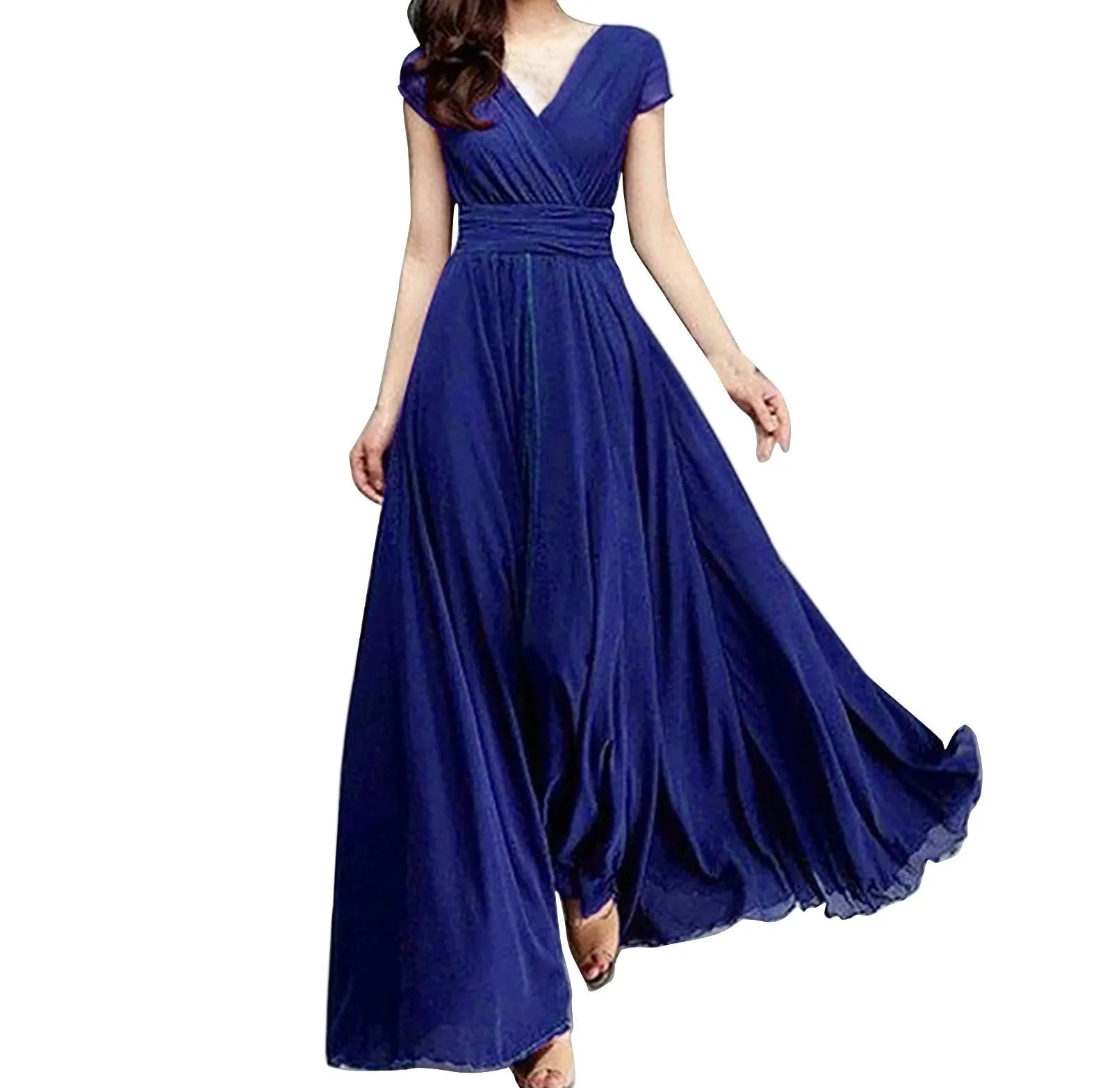 Flowing V Neck Maxi Dress With Soft Pleated Movement