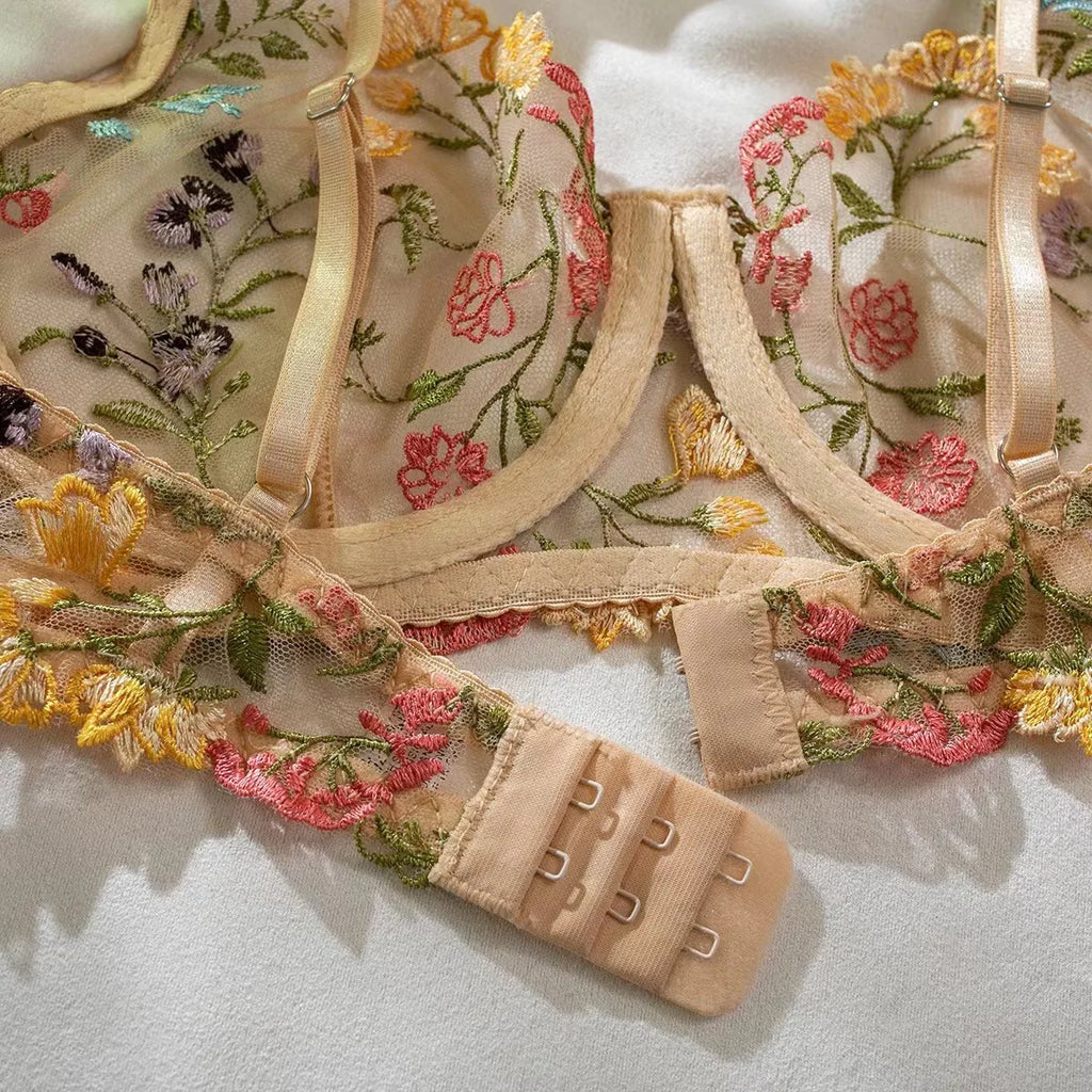Vibrant Orange Sheer Mesh and Floral Embroidered Underwire Lingerie Set