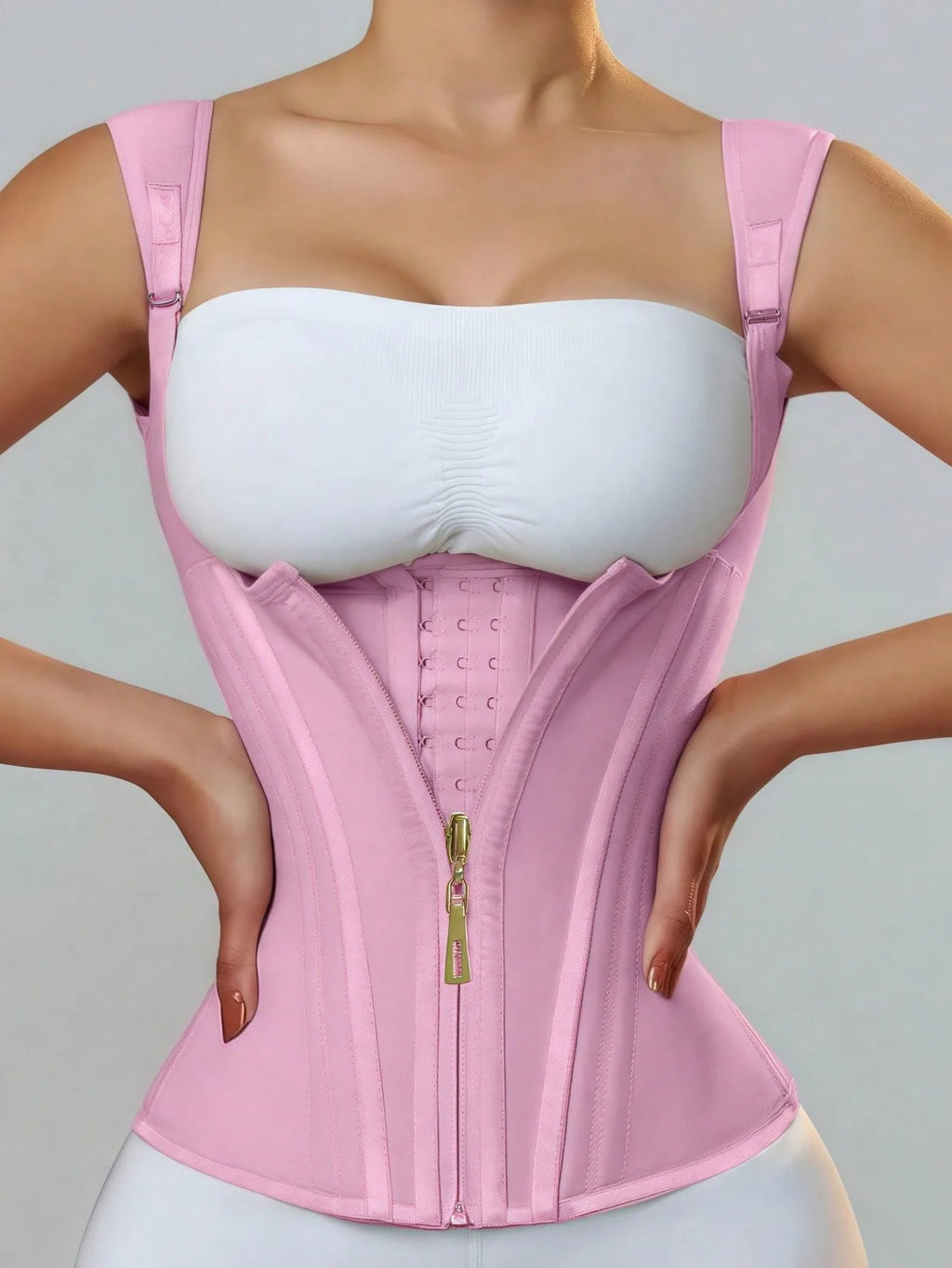 Structured Latex Underbust Waist Cincher with Front Zipper and Straps