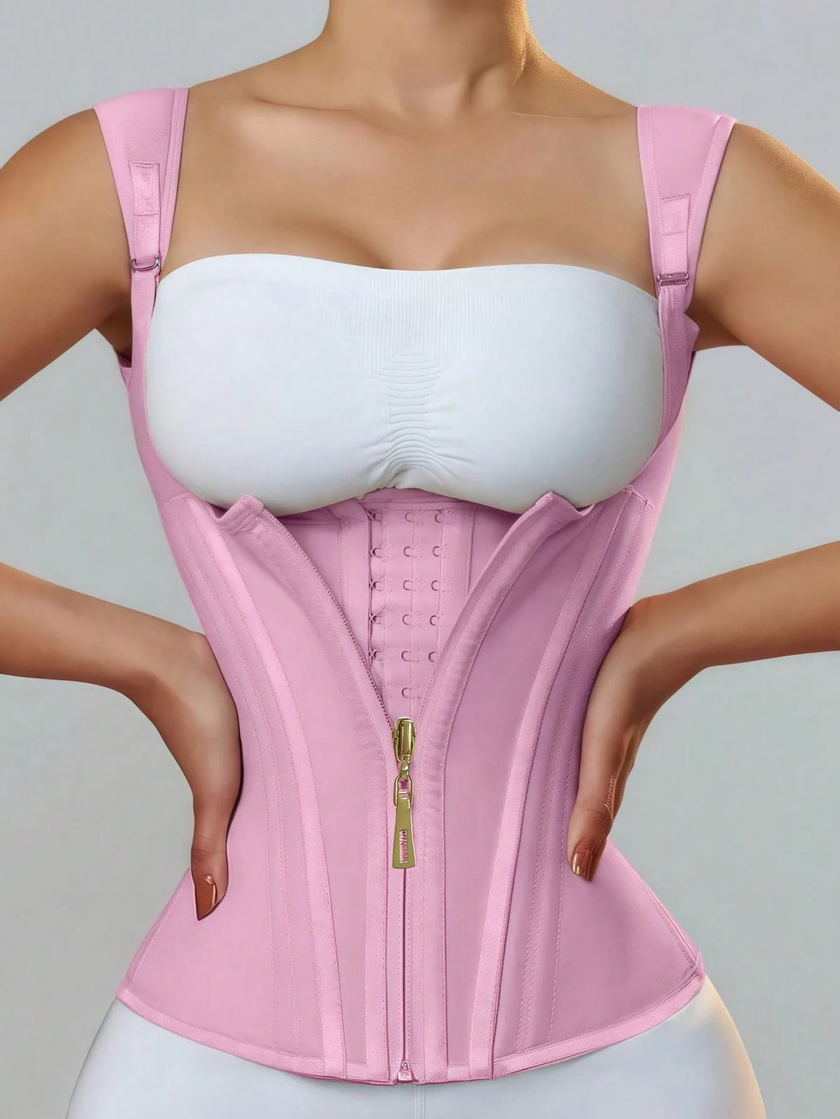 Structured Latex Underbust Waist Cincher with Front Zipper and Straps