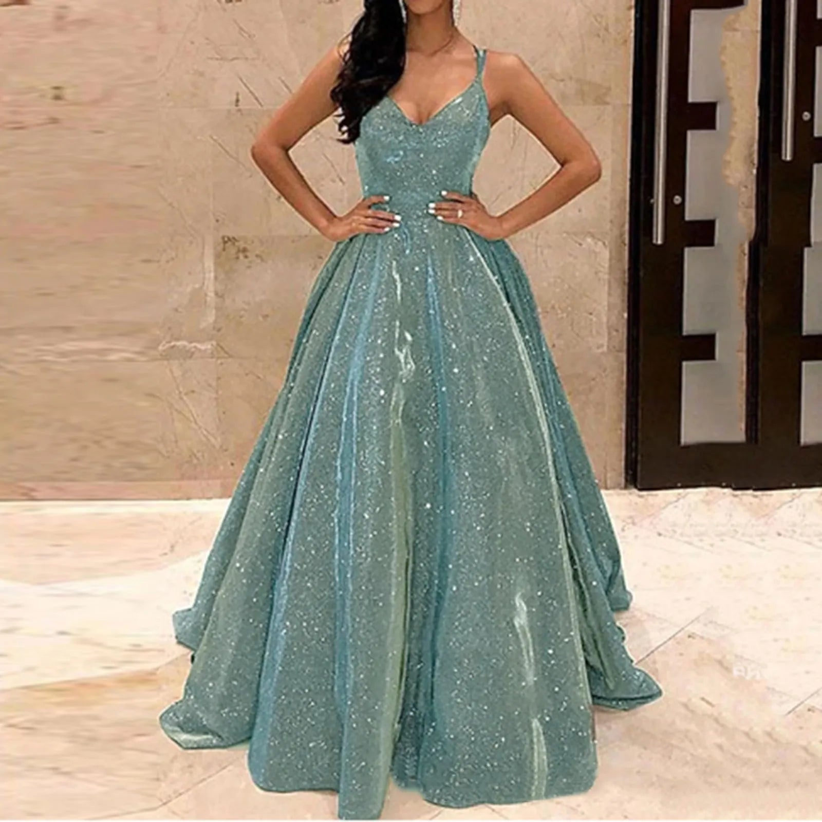 Glitter Finish Maxi Dress With Open Back And Full Movement