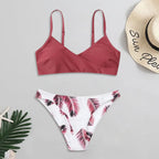 Two-Piece Swimsuit Set with Navy V-Neck Bralette and Botanical Print Bottoms