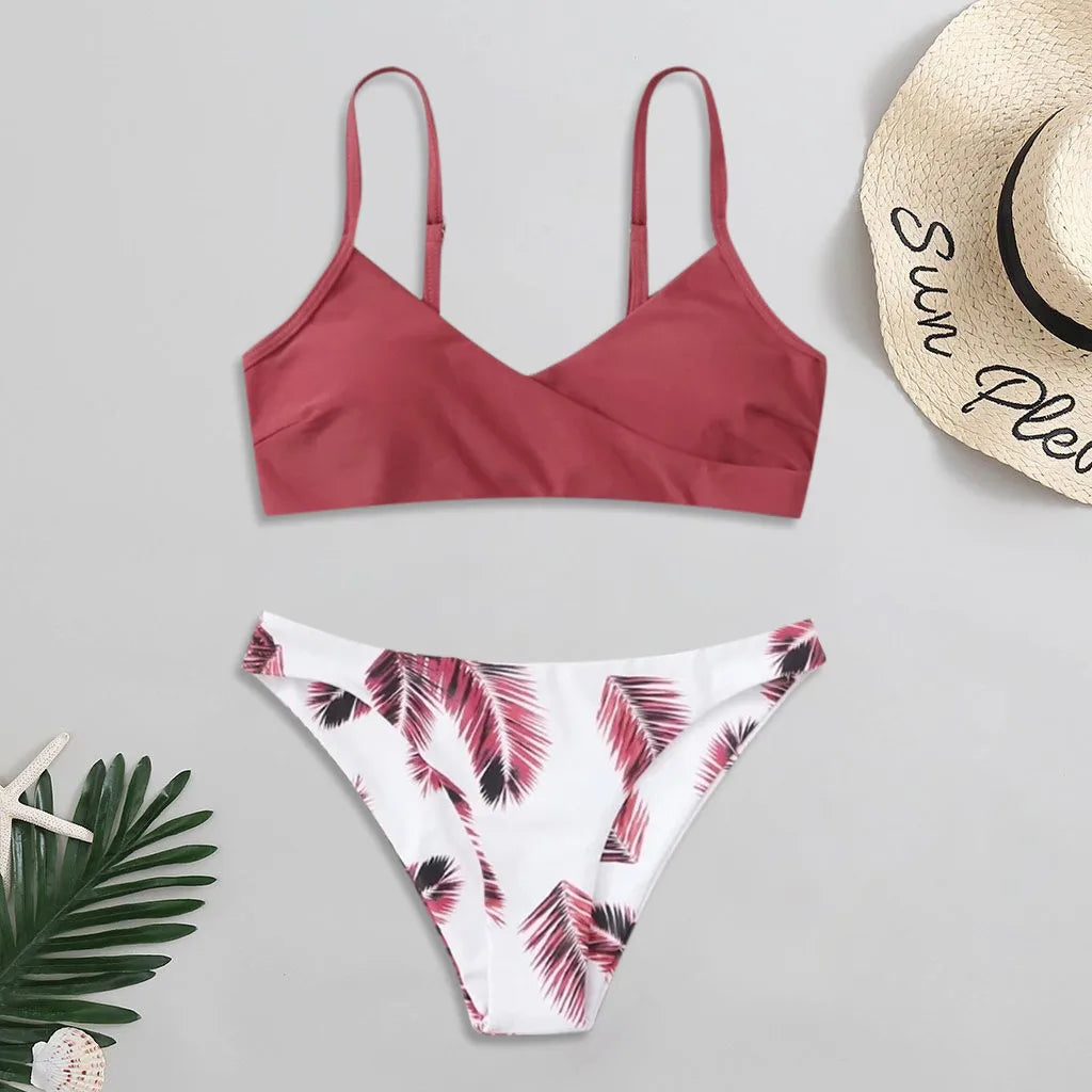 Two-Piece Swimsuit Set with Navy V-Neck Bralette and Botanical Print Bottoms