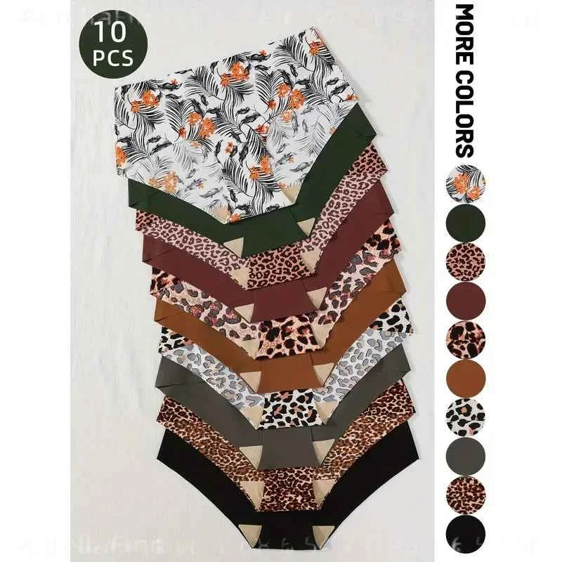 10-Piece Women’s Seamless-Style Hipster Briefs Set with Tropical Floral and Leopard Prints, Plus Assorted Solid Colors