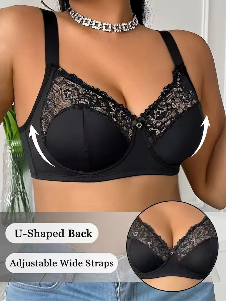 Full-Coverage Black Underwire Bra with Floral Lace Accents and U-Shaped Back