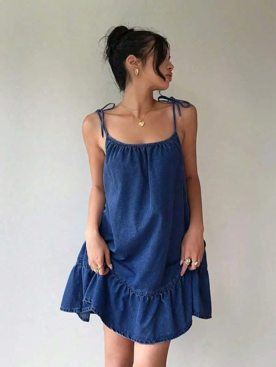 Denim Inspired Spaghetti Strap Mini Dress With Ruffle Hem Relaxed Silhouette