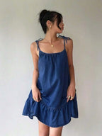 Denim Inspired Spaghetti Strap Mini Dress With Ruffle Hem Relaxed Silhouette