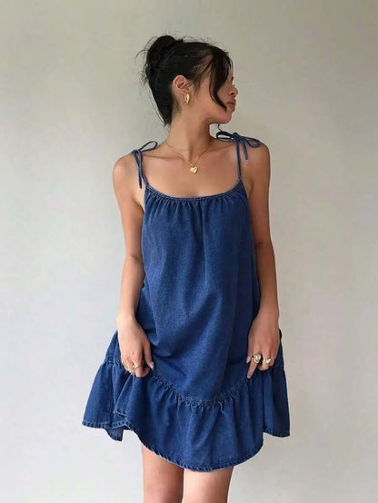 Denim Inspired Spaghetti Strap Mini Dress With Ruffle Hem Relaxed Silhouette