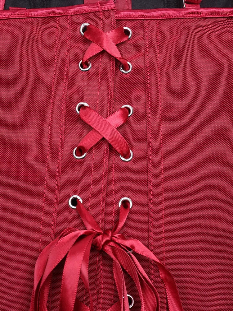 Rich Crimson Red Overbust Corset Top with Slender Straps and Front Hook Closure