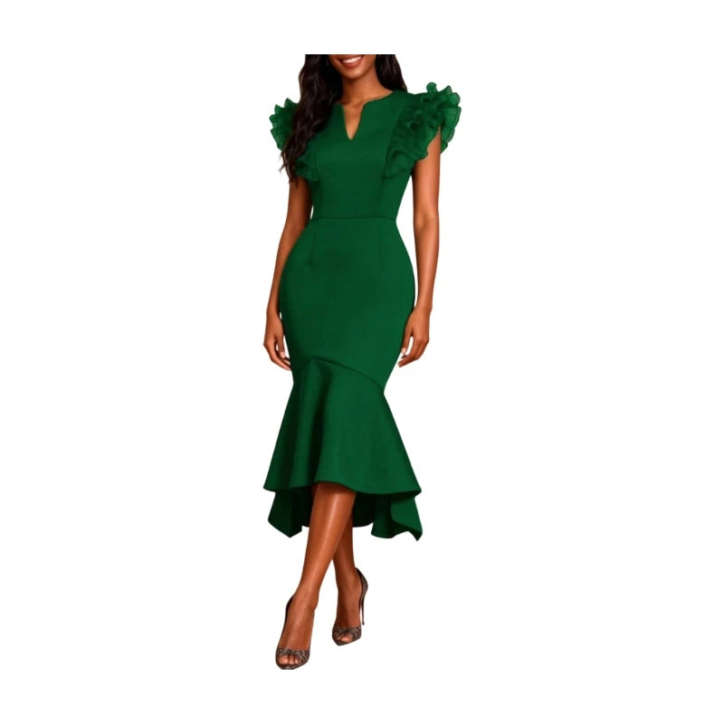 Emerald Green Notched V-Neck Mermaid Midi Dress with Ruffled Cap Sleeves