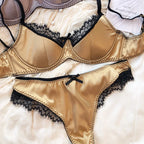 Smooth Satin-Finish Plunge Bra and Panty Set with Black Lace Trim