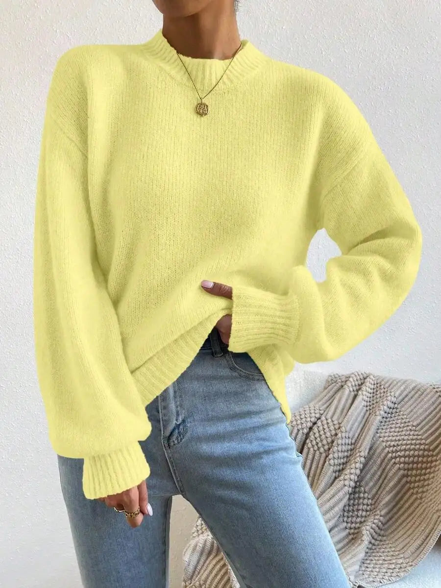 Women's Mock Neck Drop Shoulder Knit Sweater with Relaxed Oversized Silhouette