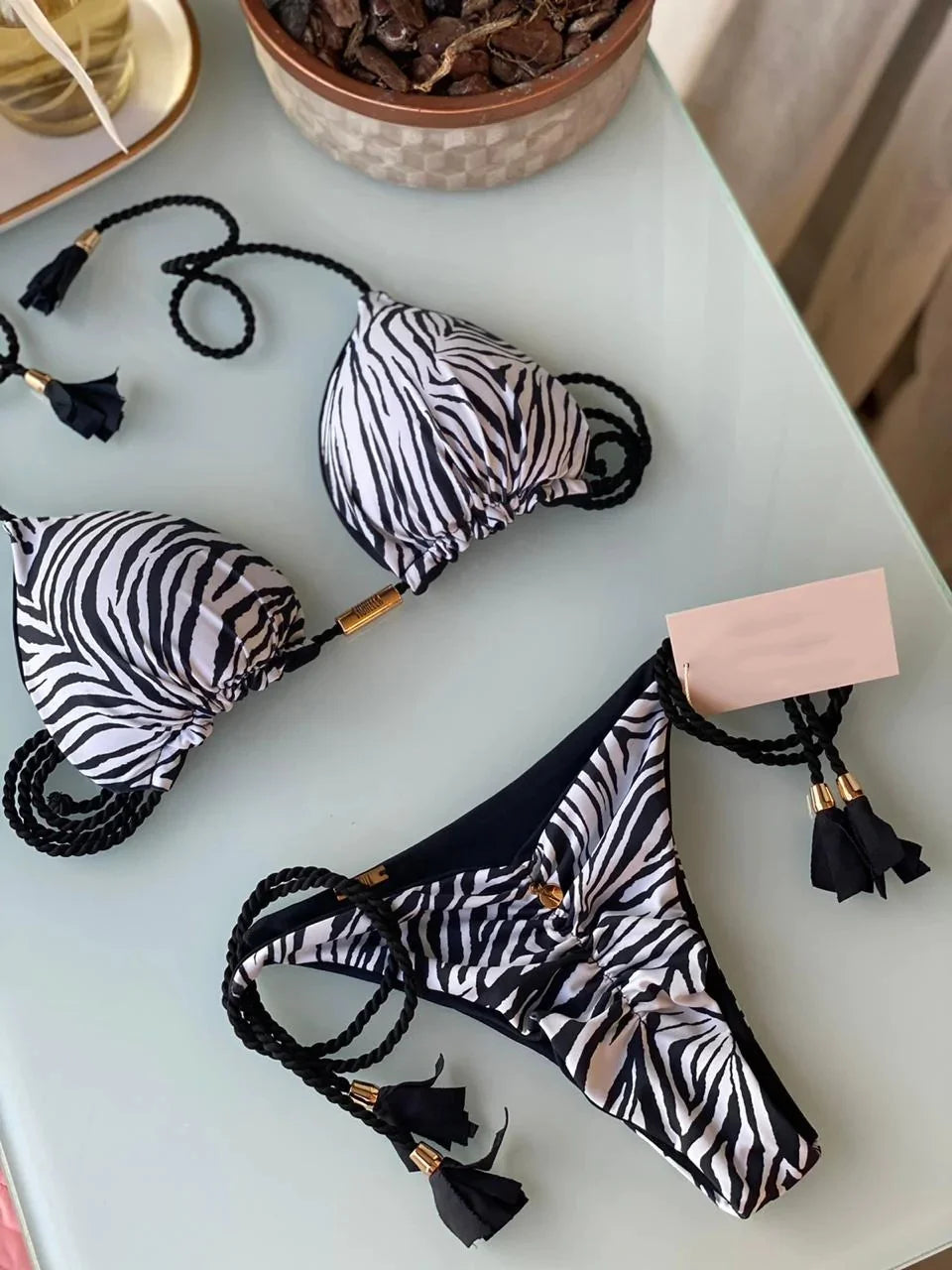 Soft Periwinkle Triangle Bikini Set with Two-Tone Twisted Rope and Tassel Details