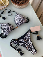 Soft Periwinkle Triangle Bikini Set with Two-Tone Twisted Rope and Tassel Details
