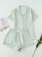 Women's Plaid Short Sleeve Pajama Shorts Co-Ord Set Lightweight Sleepwear