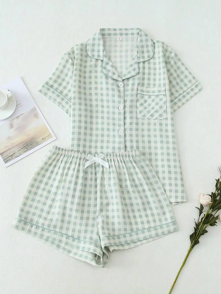 Women's Plaid Short Sleeve Pajama Shorts Co-Ord Set Lightweight Sleepwear