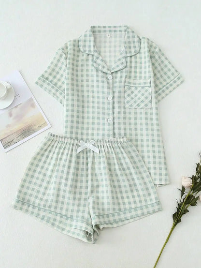 Women's Plaid Short Sleeve Pajama Shorts Co-Ord Set Lightweight Sleepwear