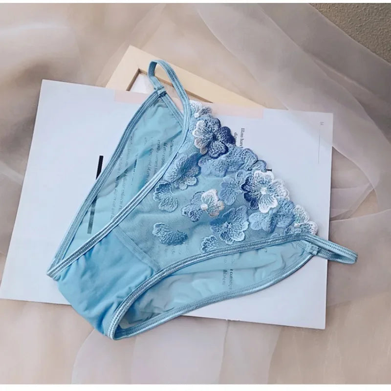 Ethereal Sheer Floral Embroidered Triangle Bralette and Matching Low-Rise Thong Set
