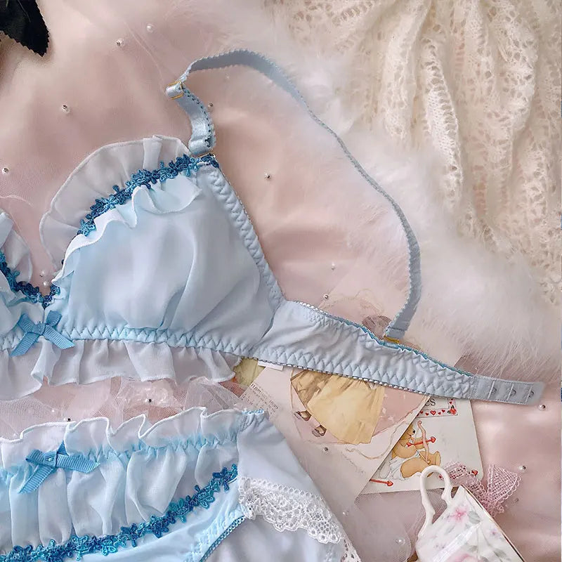 Ethereal Lavender Floral Embroidery Sheer Underwire Lingerie Set with Tie-Side Thong