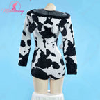 Women's Hooded Plush Zip-Up Bodysuit Romper with Animal Print Pattern and Soft Texture