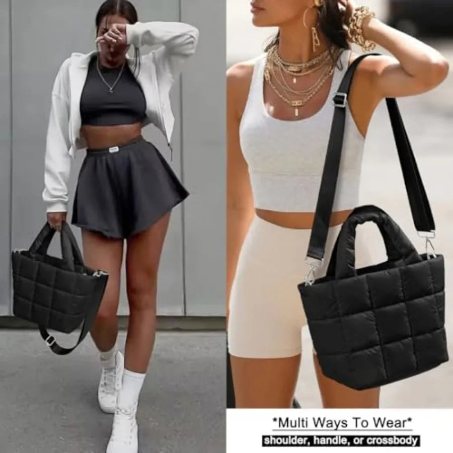 Small Quilted Nylon Puffer Crossbody Tote Bag with Adjustable Strap