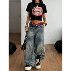 Jeweled Graphic Crop Tee with Edgy Artwork and Y2K Streetwear Style