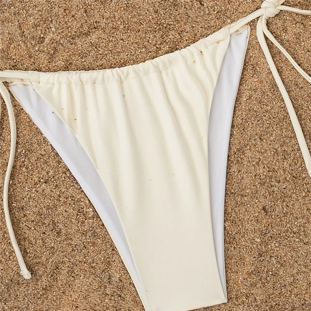 Cream String Bikini with Beaded Palm Tree Embellishments